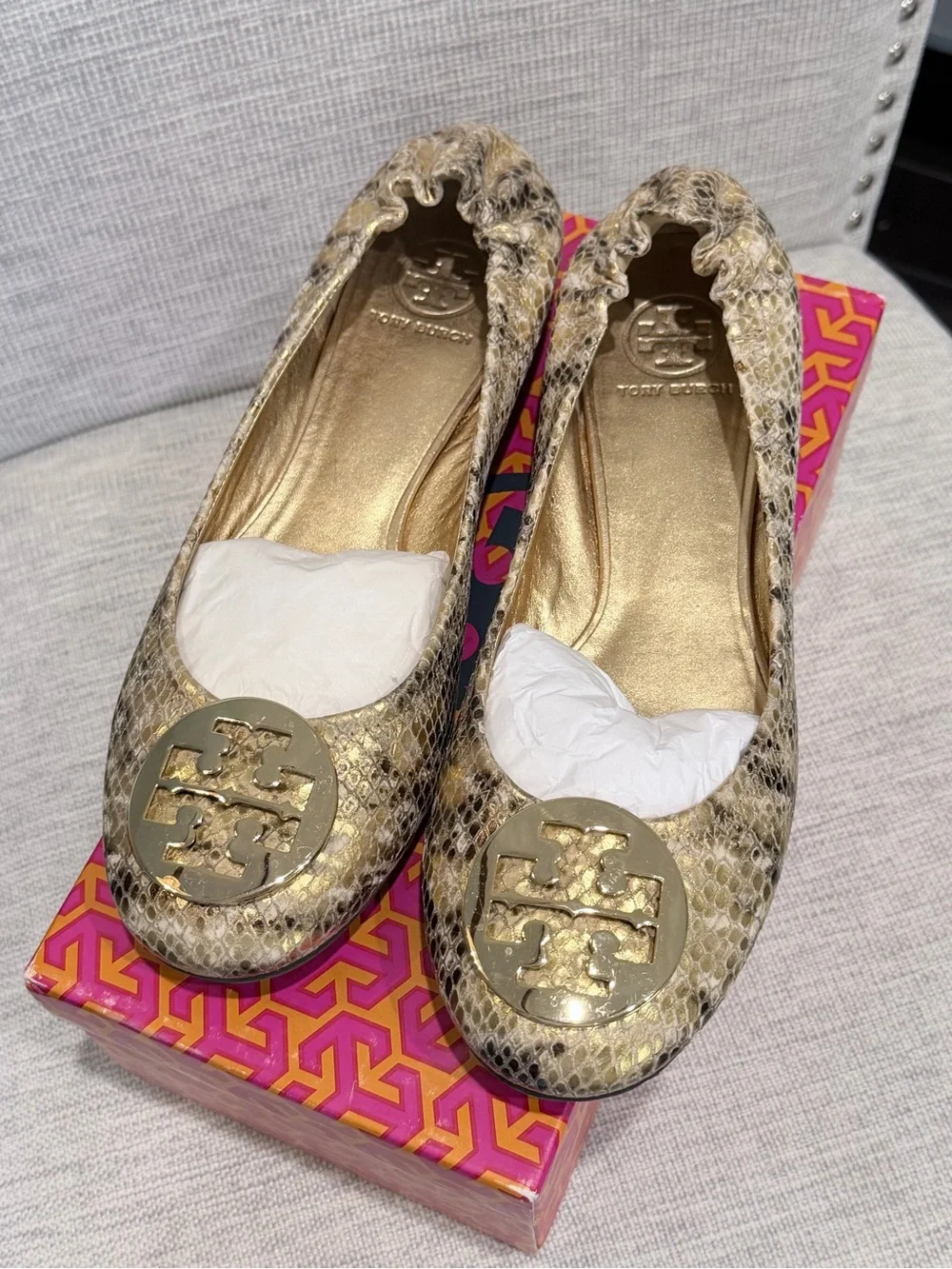 Tory Burch Metallic Gold Snakeskin Reva Logo Ballet Flats